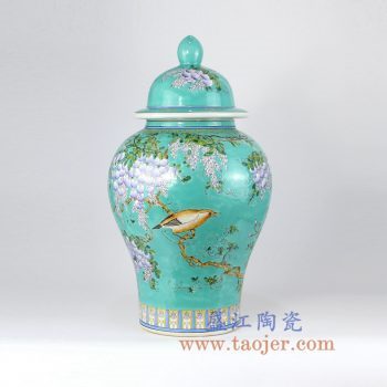 RYRK23-A  手绘绿色珐琅彩花鸟将军罐花瓶