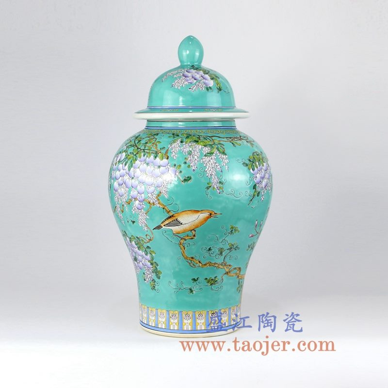 RYRK23-A 手绘绿色珐琅彩花鸟将军罐花瓶