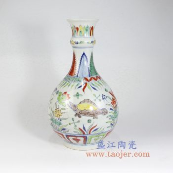 RZLV01   全手工手绘青花斗彩鱼草鱼藻图鲤鱼鳜鱼芭蕉叶纹蒜头花瓶花插