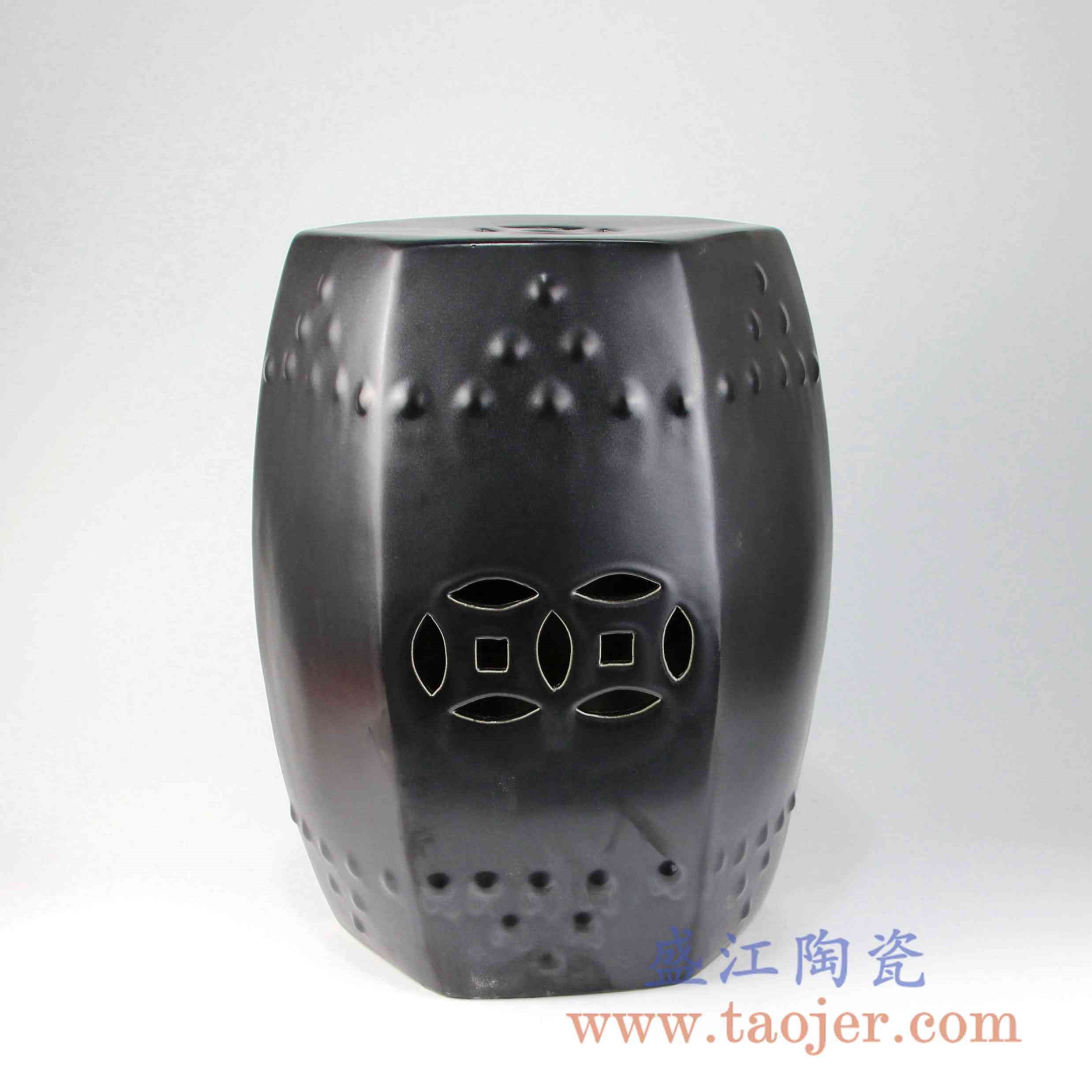 RYIR109-B 亚光六边形方凳陶瓷带铜钱孔