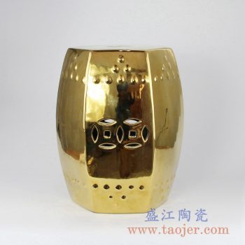 RYIR109-C  镀金六边形方凳陶瓷带铜钱孔凉墩花园凳景德镇陶瓷瓷器手工瓷器