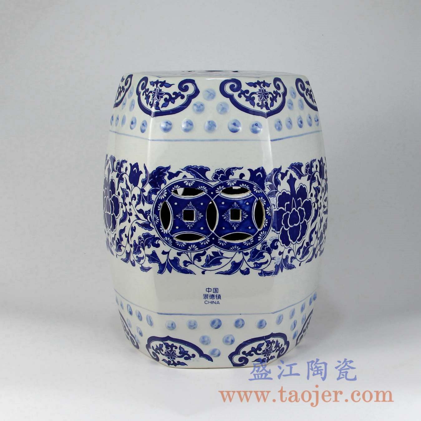RYIR109-D 青花六边形带铜孔陶瓷凳饰品创意瓷 