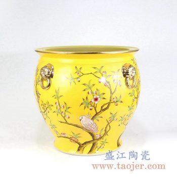RZLS01-RZFH 手绘粉彩花鸟镀金狮扣描金口陶瓷缸小号景德镇陶瓷瓷器手工瓷器