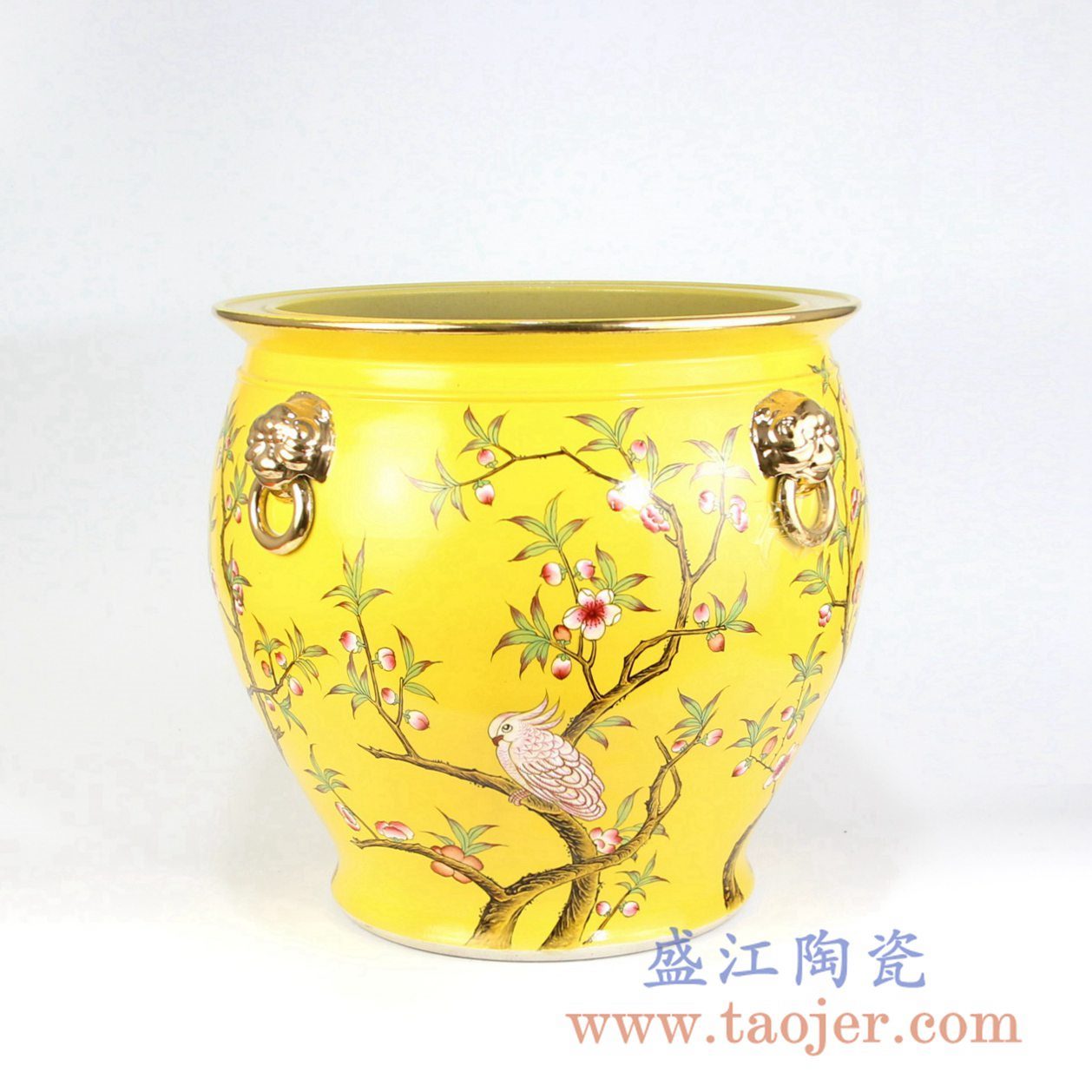 RZLS01-RZFH 手绘粉彩花鸟镀金狮扣描金口陶瓷缸小号