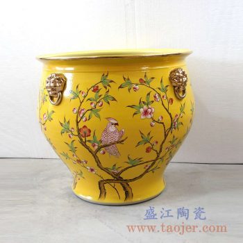 RZLS02-RZFH  手绘粉彩花鸟镀金狮扣描金口陶瓷缸大号景德镇陶瓷瓷器手工瓷器