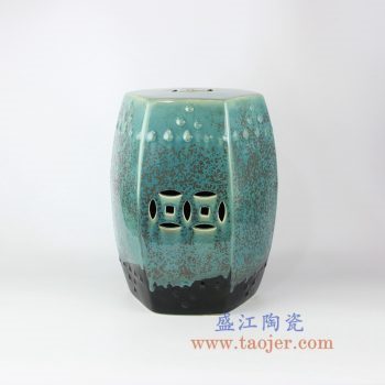 RYIR109-G_景德镇陶瓷 高温颜色釉 窑变绿色铜钱六方瓷凳 凳子凉墩