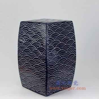 RYNQ204-B_景德镇陶瓷  高温颜色釉 手工雕刻 祭兰 雕刻海水纹 蓝色四方瓷凳 凳子 凉墩