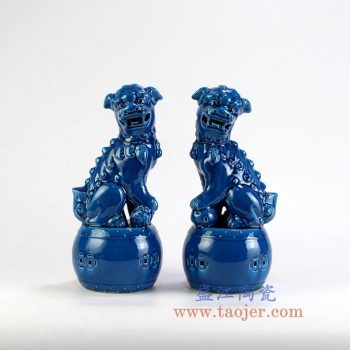 RZGB06_景德镇陶瓷 仿古  高温瓷 低温颜色釉 孔雀蓝 蓝色对狮 双狮狮子狗  带鼓 雕塑摆件品