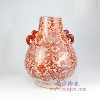 RZIS05_景德镇陶瓷 全手绘全手工福筒双耳 矾红粉彩 龙纹花插 花瓶