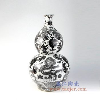 RZIS06_景德镇陶瓷 手绘龙纹黑色墨彩葫芦瓶 花插 花瓶