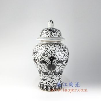 RZIS07_景德镇陶瓷 纯手绘缠枝莲花卉 黑色墨彩 釉上彩将军罐 盖罐 储物罐