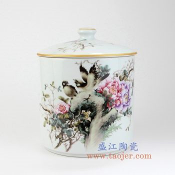 RZLX09-景德镇陶瓷 釉上彩花开富贵花鸟直筒普洱七子饼茶叶罐 储物罐