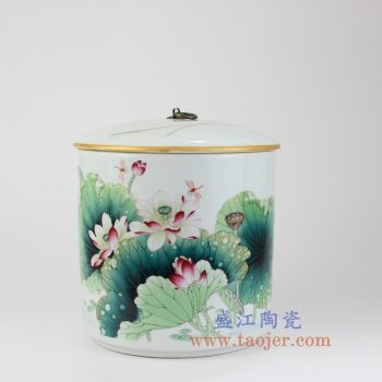 RZLX10-景德镇陶瓷 釉上彩荷香清韵《荷花》直筒铜钩普洱七子饼茶叶罐 储物罐