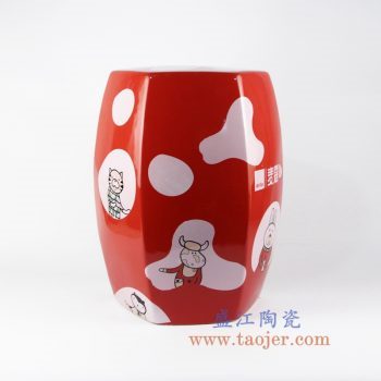 shengjiangdingzhidingzuo-RYIR122-A_定制 高温颜色釉 红色底色 麦蔻奶牛彩花 六方 六边形瓷凳 凳子 凉墩