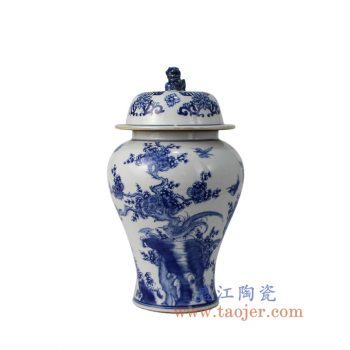 RYCI55_景德镇陶瓷 纯手绘仿古青花狮子头花鸟将军罐 储物罐