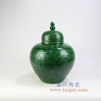 RYDB55-A_景德镇陶瓷 纯手工雕刻绿色缠枝莲 储物罐 大肚罐 陶瓷摆件