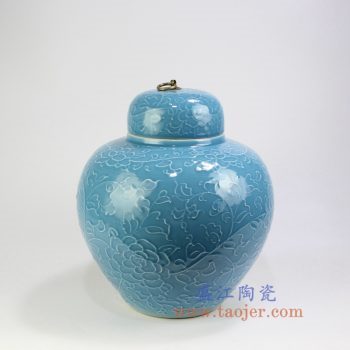 RYDB56-A_景德镇陶瓷 纯手工雕刻天蓝色缠枝莲铜扣储物罐 大肚罐 陶瓷摆件