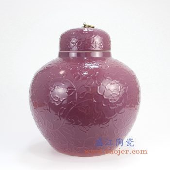 RYDB56-B_景德镇陶瓷 纯手工雕刻紫色缠枝莲铜扣储物罐 大肚罐 陶瓷摆件
