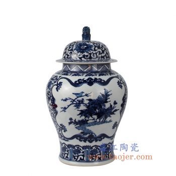 RZFQ25_景德镇陶瓷 仿古手绘 青花 花鸟 狮子头将军罐 储物罐