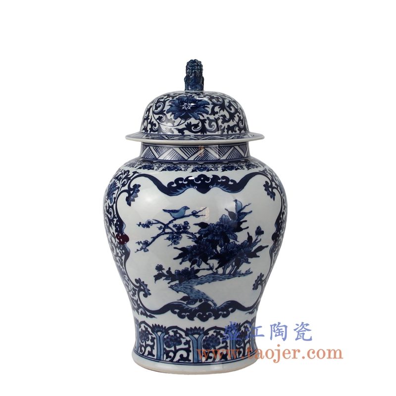 盛江陶瓷 仿古手绘 青花 花鸟 狮子头将军罐 储物罐