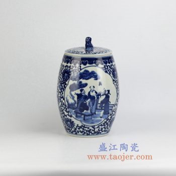 RZHM02-NEW-景德镇陶瓷 纯手绘青花缠枝 人物狮子头盖罐 密封罐 储物罐