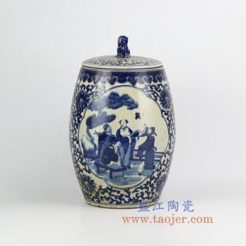 RZHM02-old-景德镇陶瓷 仿古手绘青花缠枝 人物狮子头盖罐 密封罐 储物罐