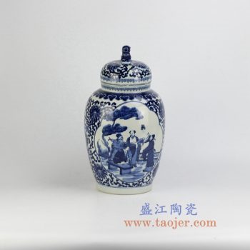 RZHM05-new_景德镇陶瓷 纯手绘青花缠枝 人物狮子头盖罐 密封罐 储物罐
