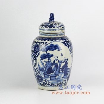 RZHM05-old_景德镇陶瓷 仿古手绘青花缠枝 人物狮子头盖罐 密封罐 储物罐