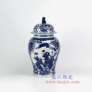 RZHM07-new景德镇陶瓷 纯手绘 青花缠枝 人物狮子头将军罐 储物罐