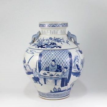 RZKS05_景德镇陶瓷 仿古手绘青花 人物 双耳 陶瓷罐 摆件品 收藏 古董