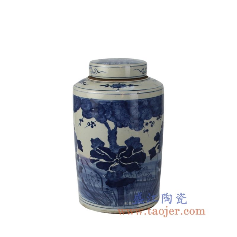 盛江陶瓷 仿古手绘青花 花草密封罐 茶叶罐 储物罐