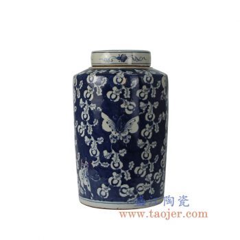 RZKT02-B_景德镇陶瓷 仿古手绘青花 蓝底蝴蝶密封罐 茶叶罐 储物罐