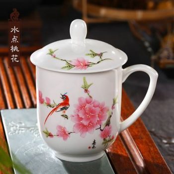 RZIC03-E-景德镇陶瓷 高温白玉瓷 水点桃花 骨瓷杯 水杯 会议杯 礼品杯