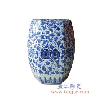 RYNQ246-4-景德镇陶瓷 纯手绘青花缠枝 铜钱镂空 六方凳 凉墩
