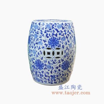 RYNQ250-4-景德镇陶瓷 纯手绘青花缠枝 铜钱镂空 圆凳 凉墩