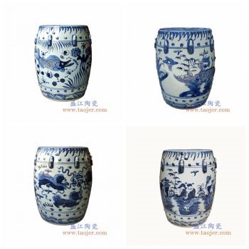 RZMo01-景德镇陶瓷 纯手绘青花 鱼草图 龙纹 八仙图 双狮抱球  圆凳 凉墩