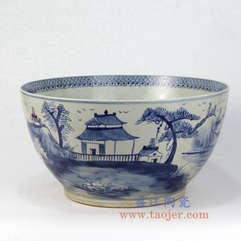 RZFH07-B 景德镇陶瓷 仿古青花 山水楼阁  鱼缸 水缸 花盆