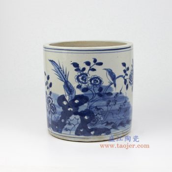 RZKT03-B 景德镇陶瓷 清代康熙民窑纯手工青花花鸟笔筒 古玩古董仿古瓷器旧货收藏
