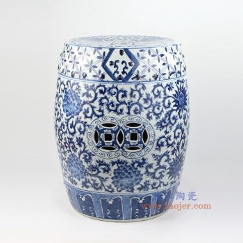 RZMV01 景德镇陶瓷 手绘青花 缠枝莲 镂空铜钱 圆凳 凉墩
