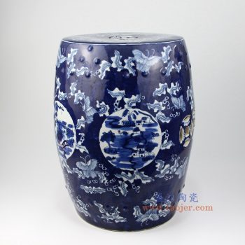 RZMV04 景德镇陶瓷 蓝底 手绘青花 铜钱 圆凳 凉墩