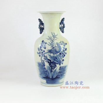 RZMW03-B 景德镇陶瓷 仿古手绘青花 花鸟双耳 花插花瓶