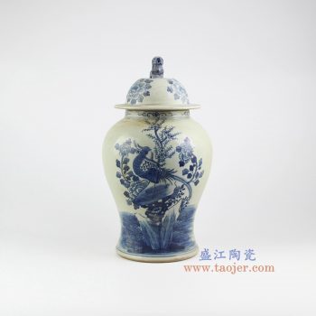RZMW04-A 景德镇陶瓷 仿古手绘青花 花鸟狮子头 将军罐 储物罐