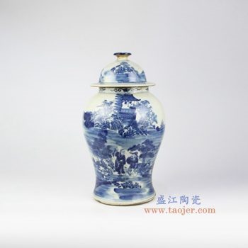 RZMW04-B 景德镇陶瓷 仿古手绘青花 山水 将军罐 储物罐 古董古玩收藏品
