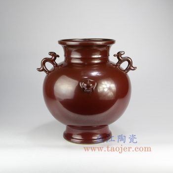 RYPM48_景德镇陶瓷 仿古 铁锈红 红色釉 狮子头 双耳花插花瓶