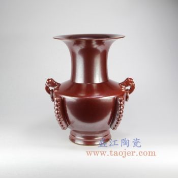 RYPM49_景德镇陶瓷 仿古 铁锈红 红色釉 双耳花插花瓶 花菇