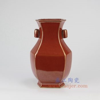 RYPM54_景德镇陶瓷 仿古 铁锈红 红色釉 双耳 六方 花插 花瓶 镶器