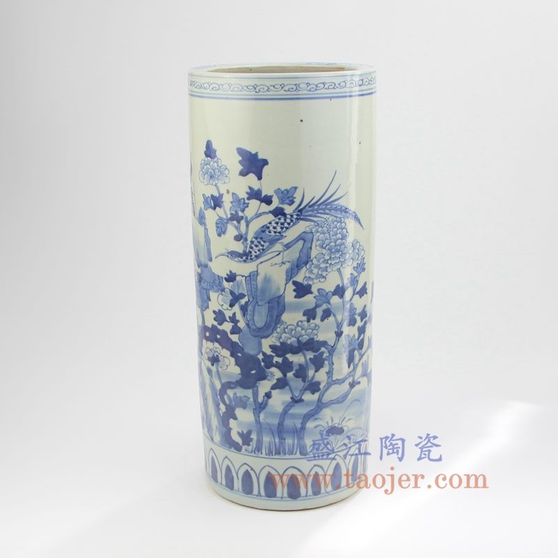 盛江陶瓷 仿古 青花 花鸟 箭筒 伞筒 摆件品