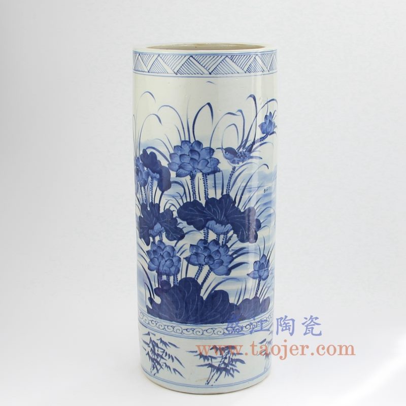 盛江陶瓷 仿古 青花 荷花 箭筒 伞筒 摆件品