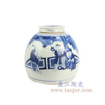 RZFZ07-b 景德镇陶瓷 仿古 纯手绘 青花 人物陶瓷罐 储物罐 盖罐