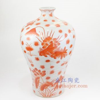 RZIS09-C 景德镇陶瓷 全手工 矾红 鱼草图 梅瓶 花插花瓶